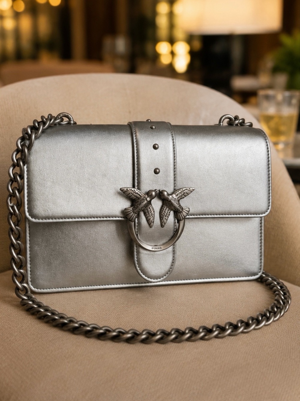 PINKO Silver Metallic Shoulder Crossbody Bag with Bird Ring Accent Apple Skin